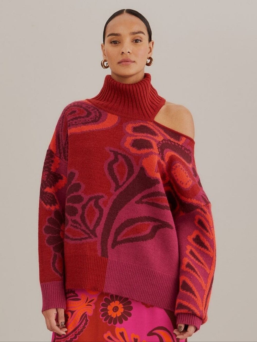 FARM Rio Bold Floral Pink Neck Knit Sweater Bold Floral Pink
